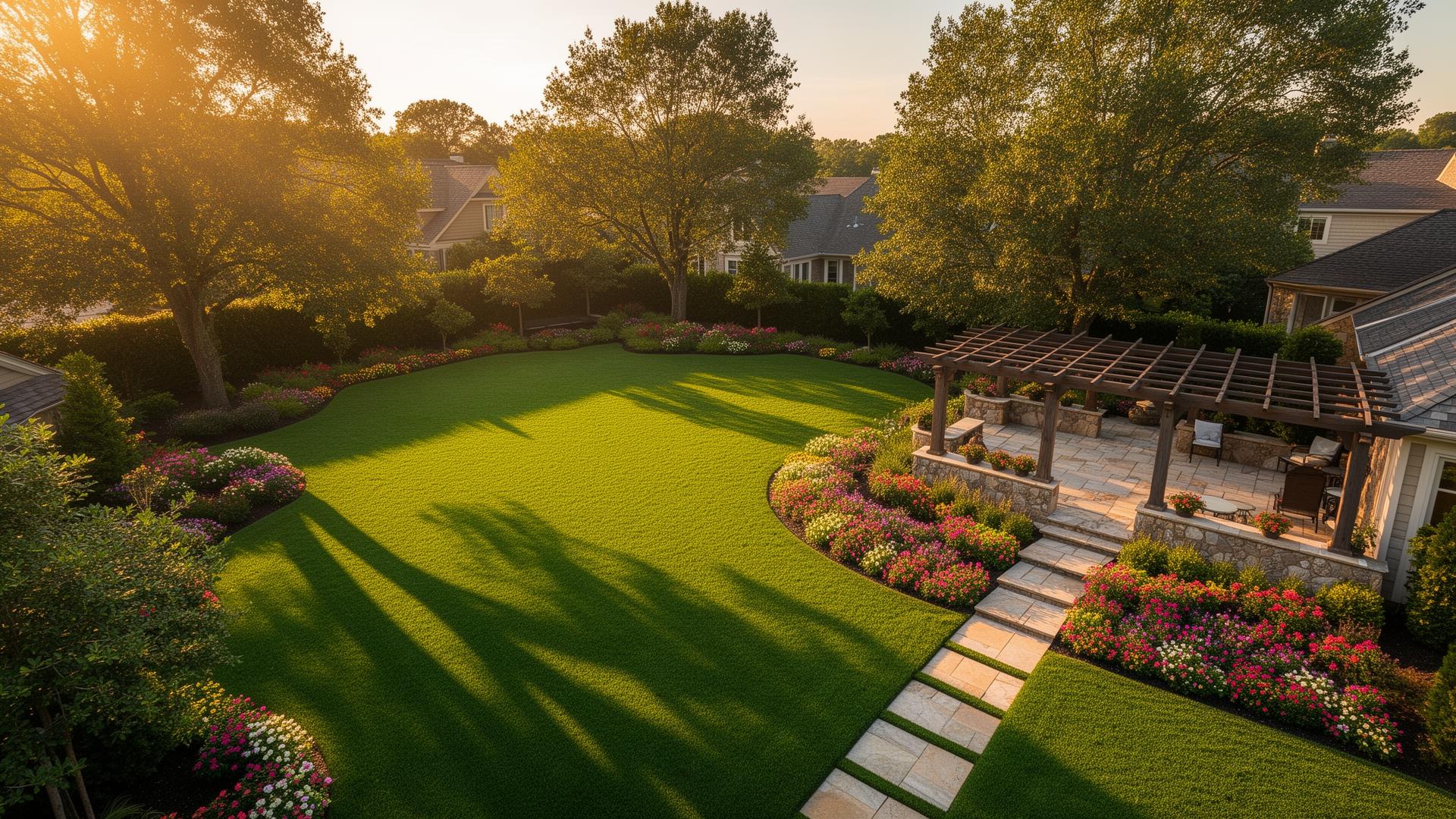 Beautifully landscaped backyard at golden hour